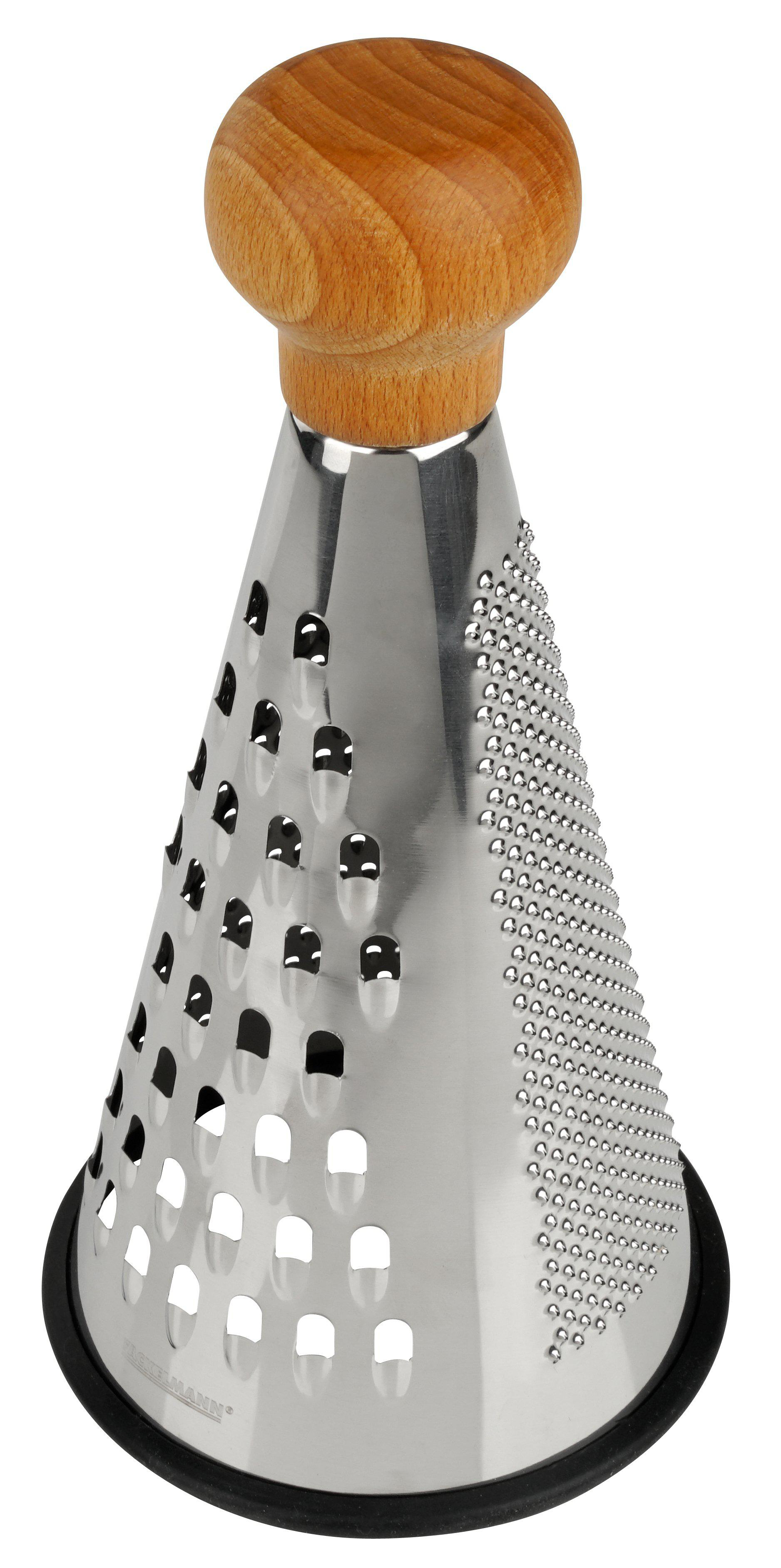 Ein Edelstahl-Reibe mit Holzgriff oben und schwarzem Gummisockel.