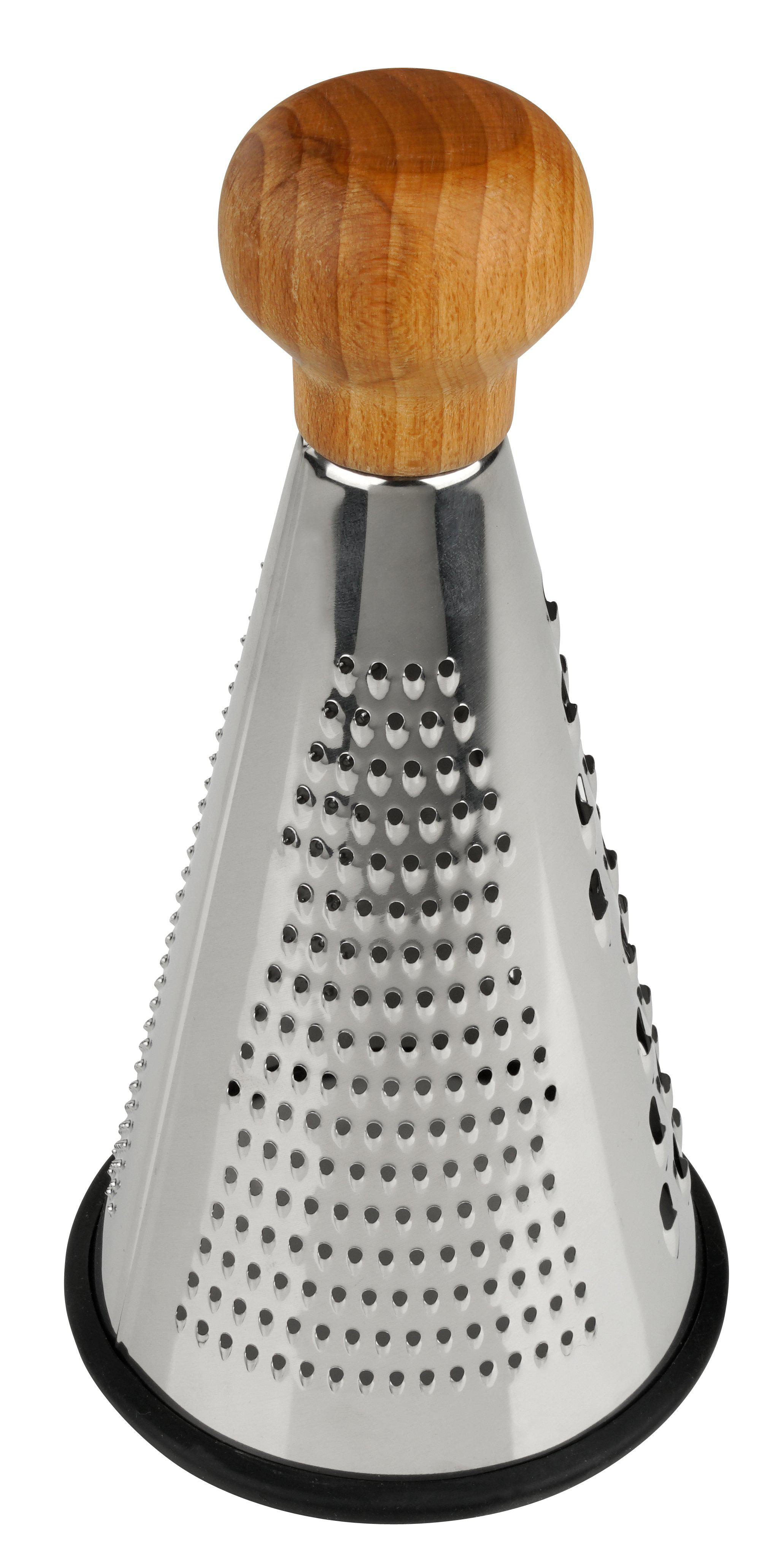 Ein Edelstahl-Käsehobel mit Holzgriff und schwarzem Sockel.