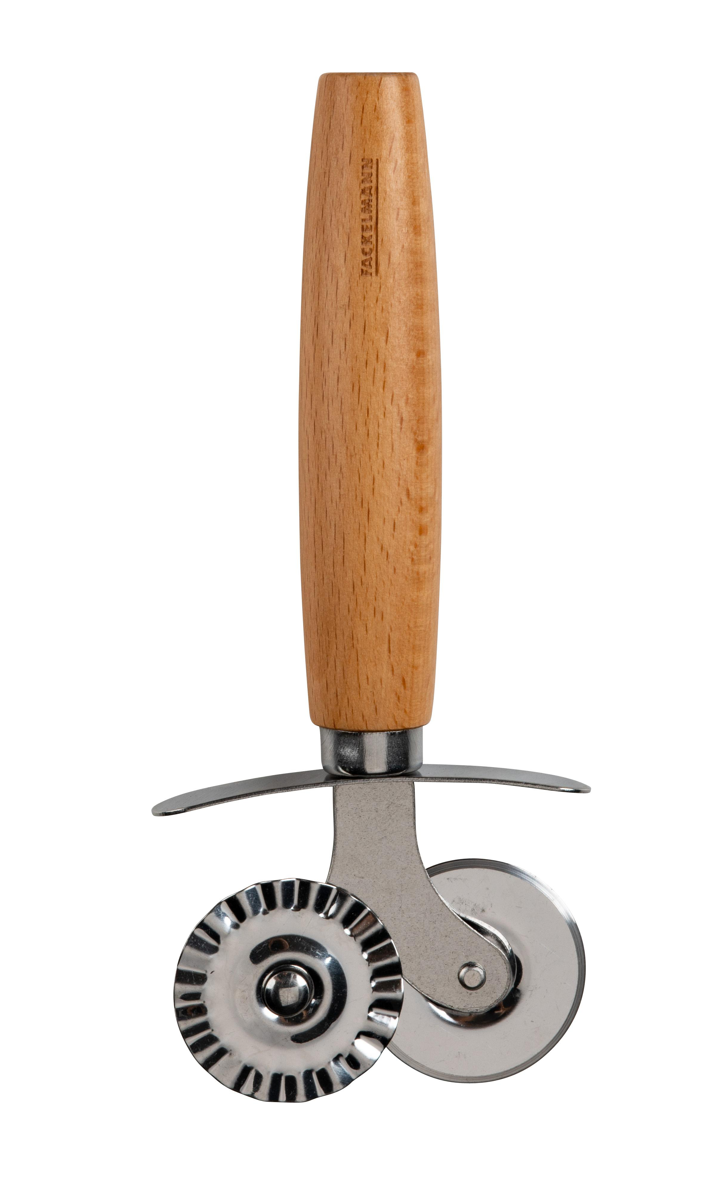 Ein Pizzaschneider mit Holzgriff, silberner Klinge und zwei runden Schneidrädern.