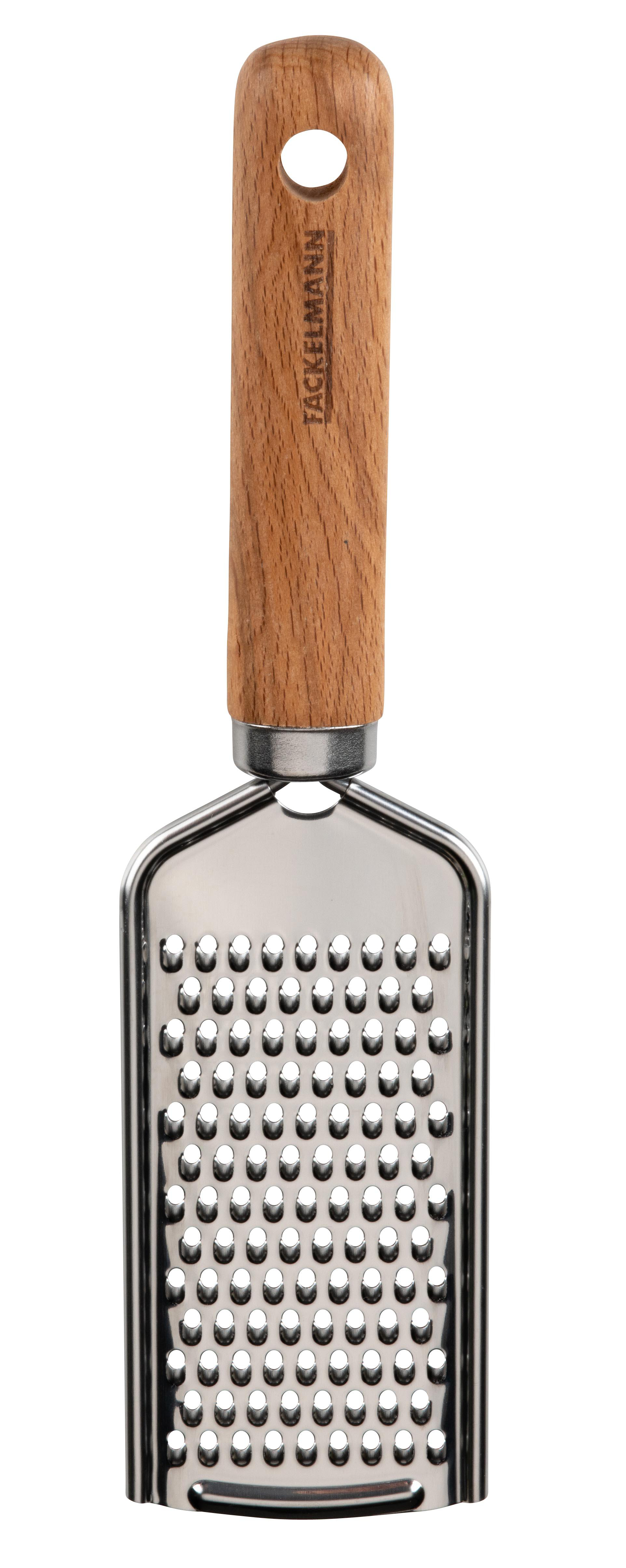 Ein Edelstahl-Reibeisen mit Holzgriff wird gezeigt.