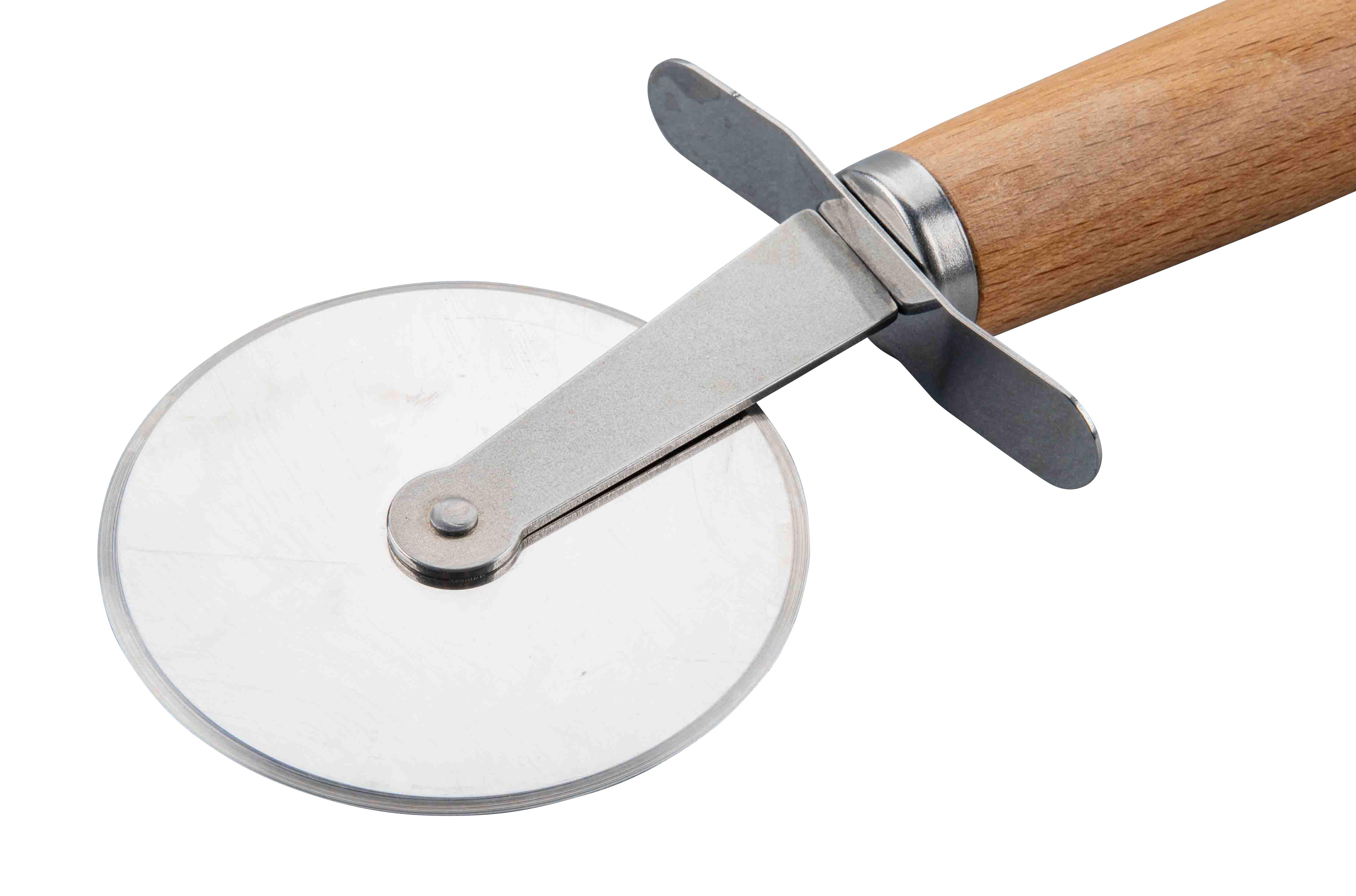 Pizzaschneider mit Holzgriff und silberner Klinge.