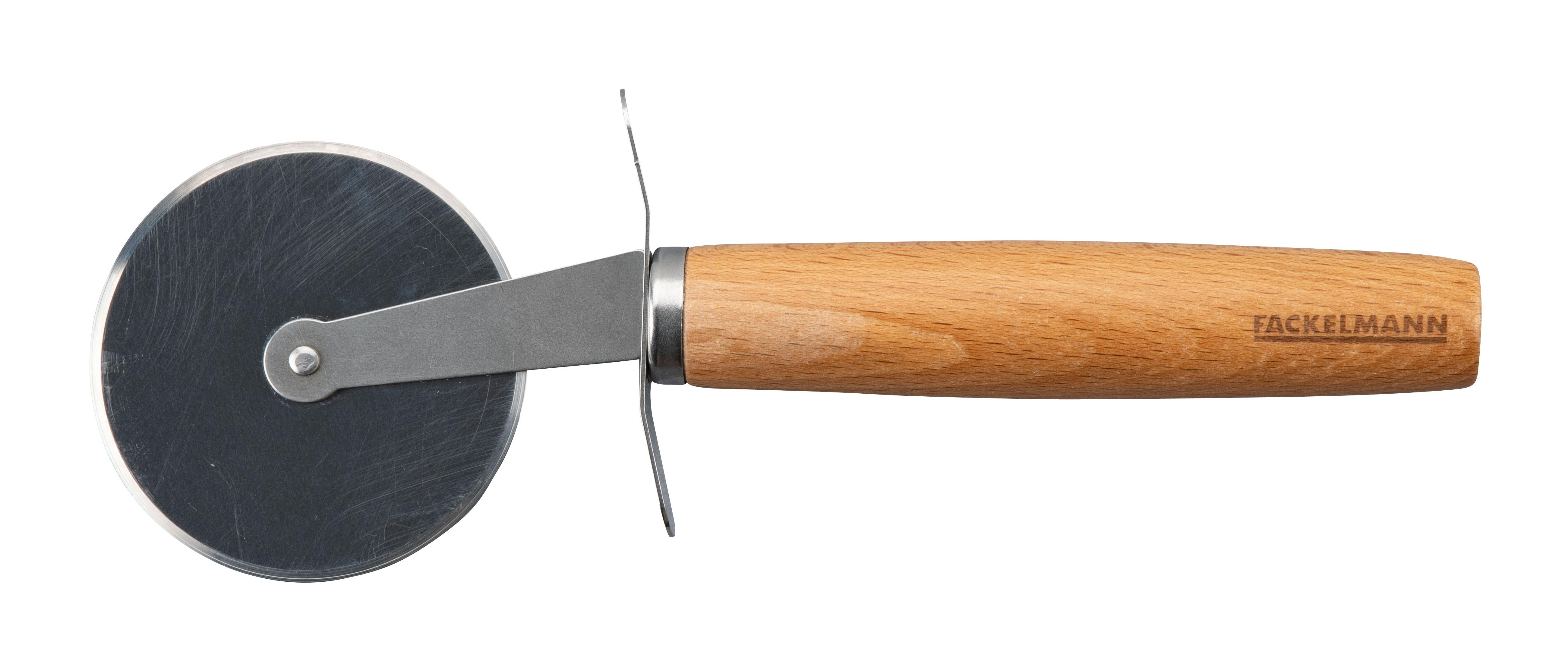 Pizzaschneider mit Holzgriff auf weißem Hintergrund.
