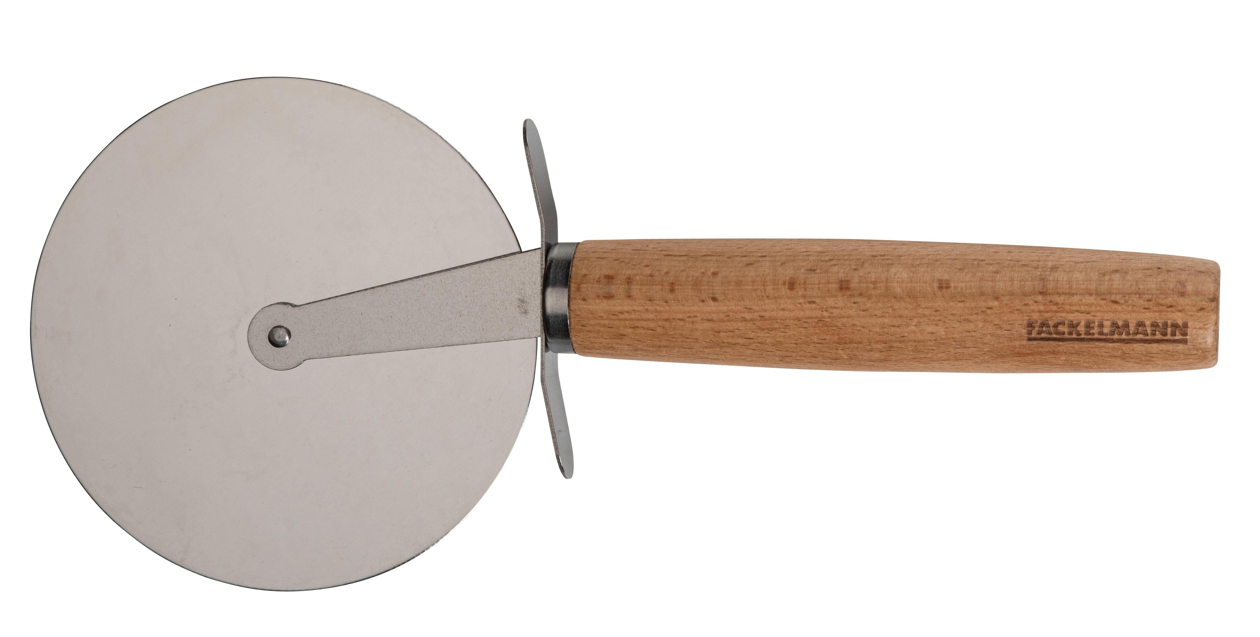 Pizzaschneider mit Edelstahlklinge und Holzgriff. Die Klinge ist rund.