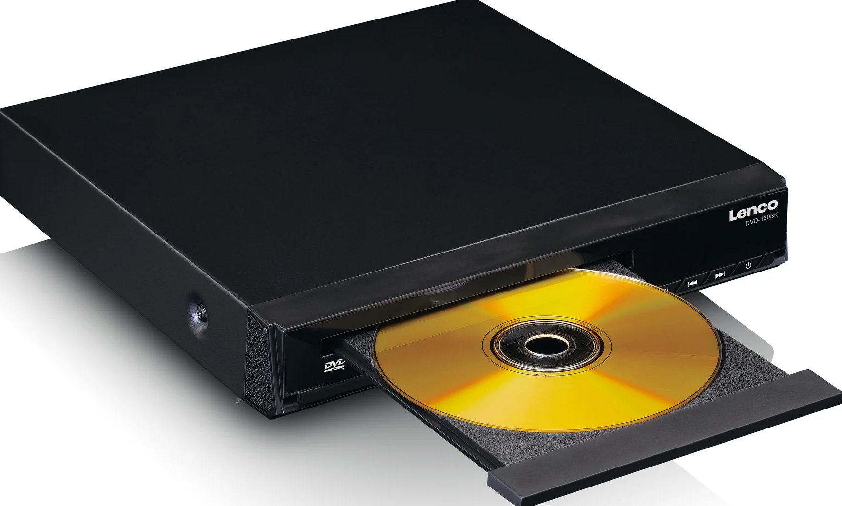 Schwarzer DVD-Player mit einer goldenen Disc im Fach. Die Disc ist teilweise draußen. Der Player steht auf einer weißen Oberfläche.