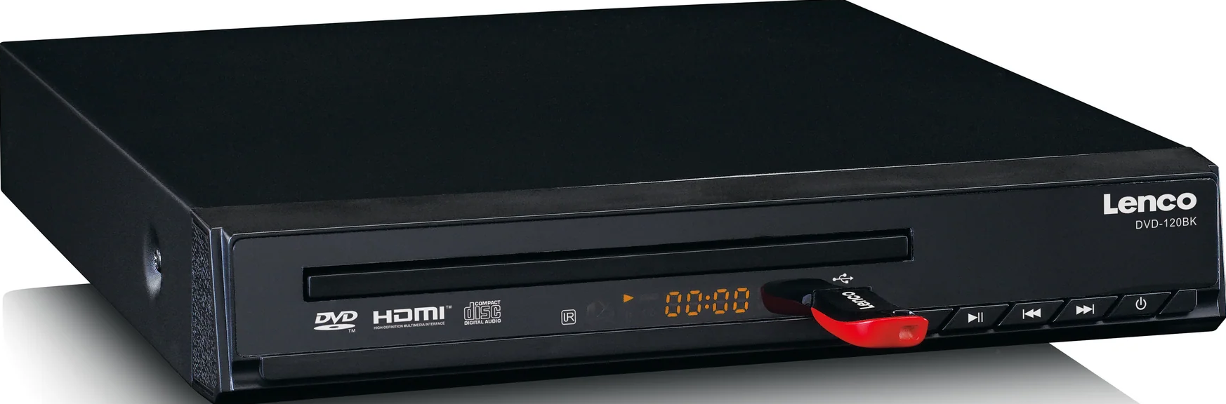 Schwarzer DVD-Player mit eingestecktem USB-Laufwerk. Das Display zeigt die Zeit an. Der Markenname Lenco ist sichtbar.