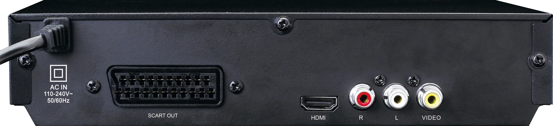 Rückseite eines schwarzen DVD-Players. Anschlüsse umfassen SCART, HDMI und Cinch. Strom und andere Anschlüsse sind ebenfalls gezeigt.