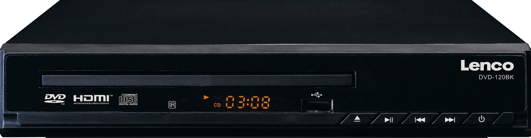 Schwarzer DVD-Player mit Anzeige von Uhrzeit und CD-Symbol. Der Markenname Lenco ist sichtbar. Knöpfe sind abgebildet.