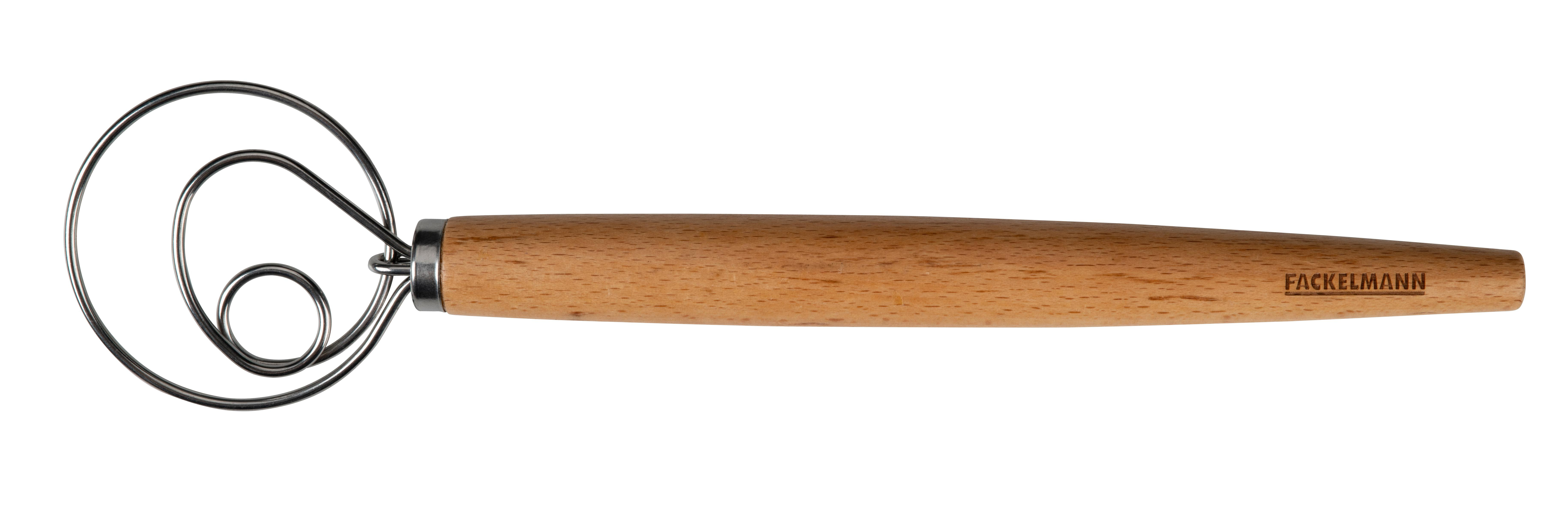 Ein Schneebesen aus Edelstahl und Holz.