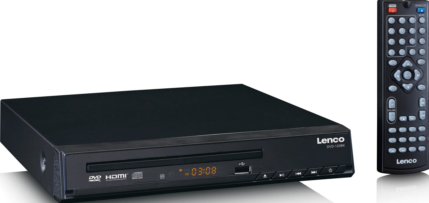 Schwarzer DVD-Player und Fernbedienung. Player zeigt die Uhrzeit an. Fernbedienung hat viele Tasten. Der Markenname Lenco ist sichtbar.
