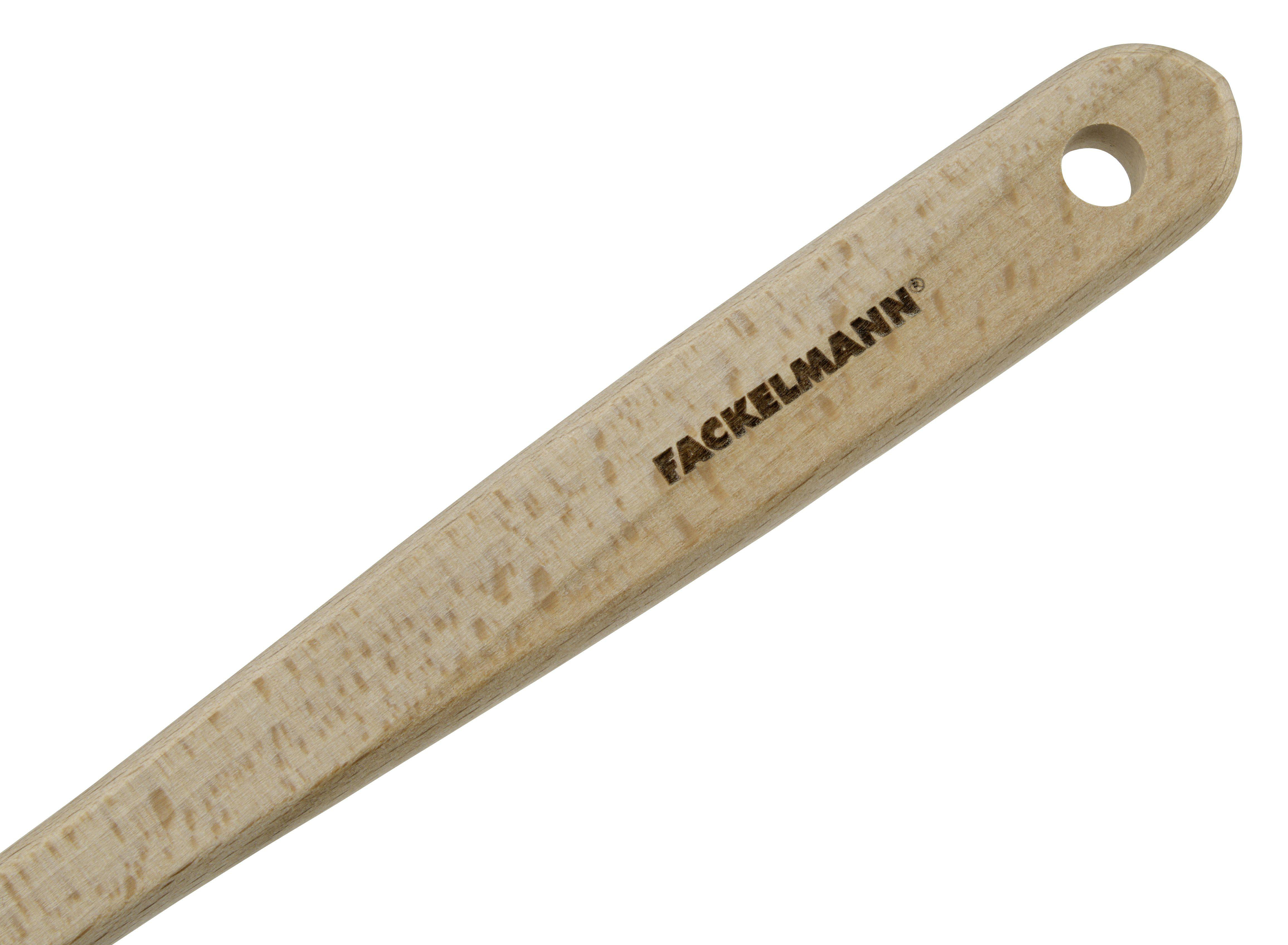 Nahaufnahme eines Holzspatels. Auf dem Griff ist die Marke FACKELMANN aufgedruckt.