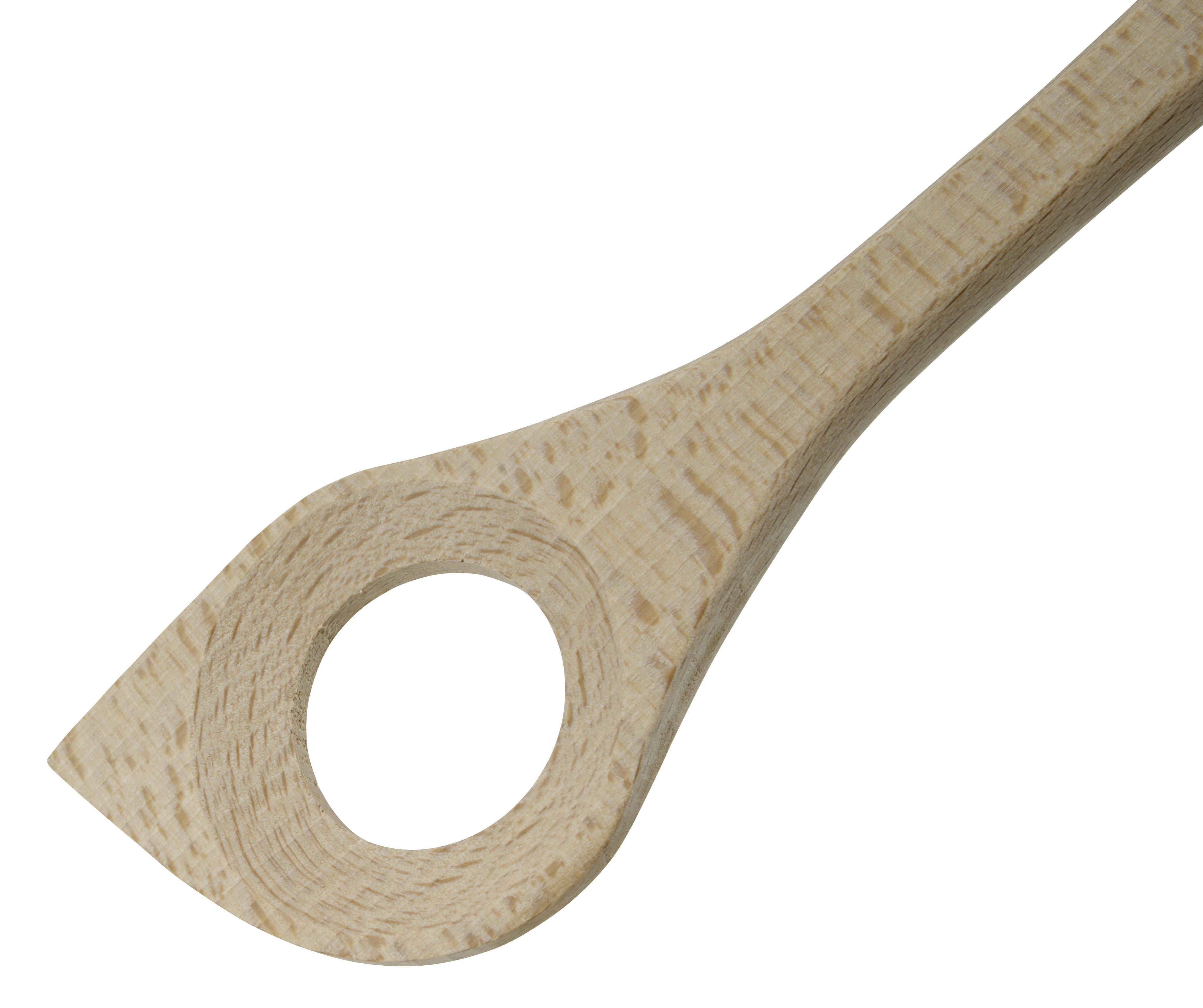 Nahaufnahme eines Holzlöffels mit einem Loch in der Mitte. Das Holz hat ein natürliches Maserungsmuster.
