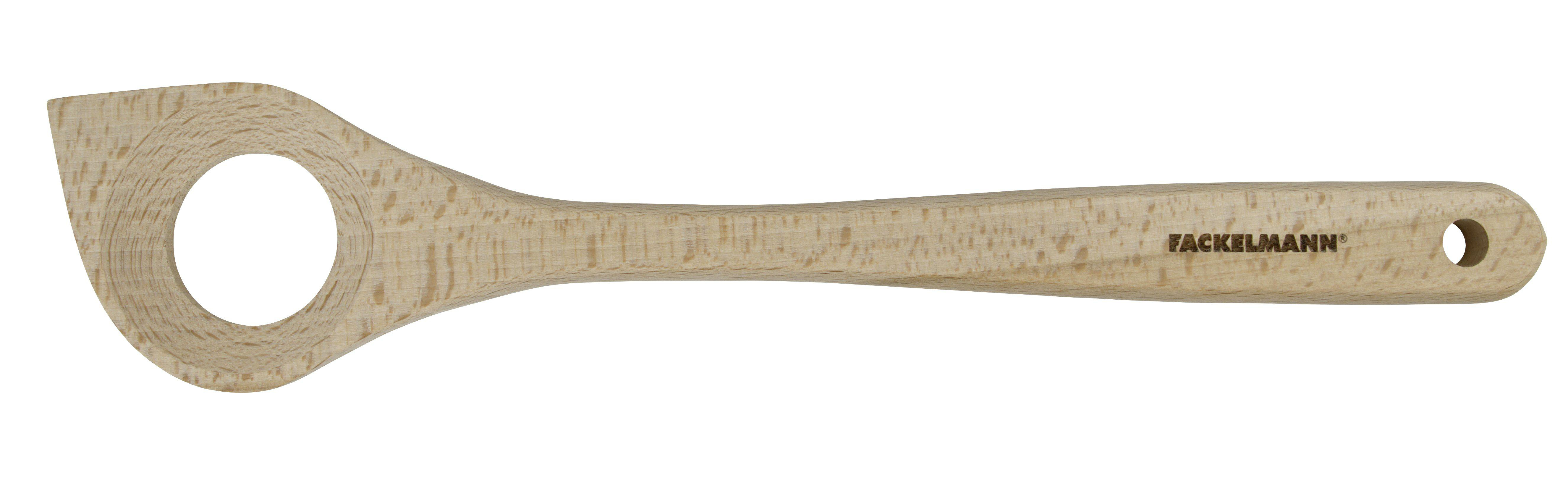 Holzspatel mit Loch. Markenname "Fackelmann" auf dem Griff sichtbar.
