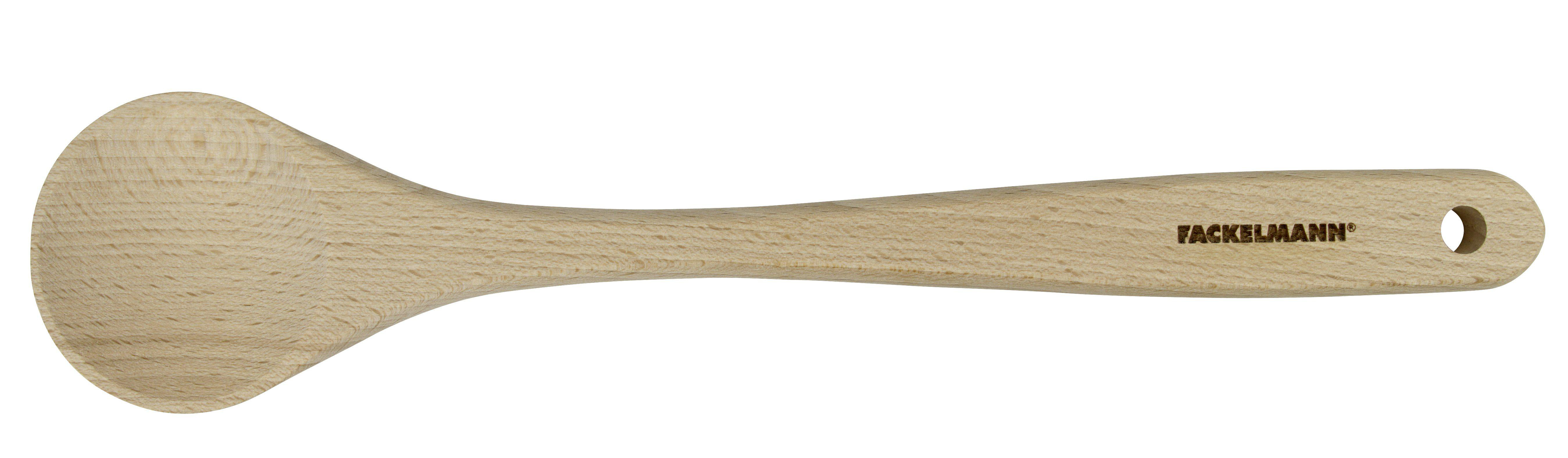 Holzlöffel auf weißem Hintergrund. Es hat einen abgerundeten Kopf und einen langen Griff mit einem Loch.