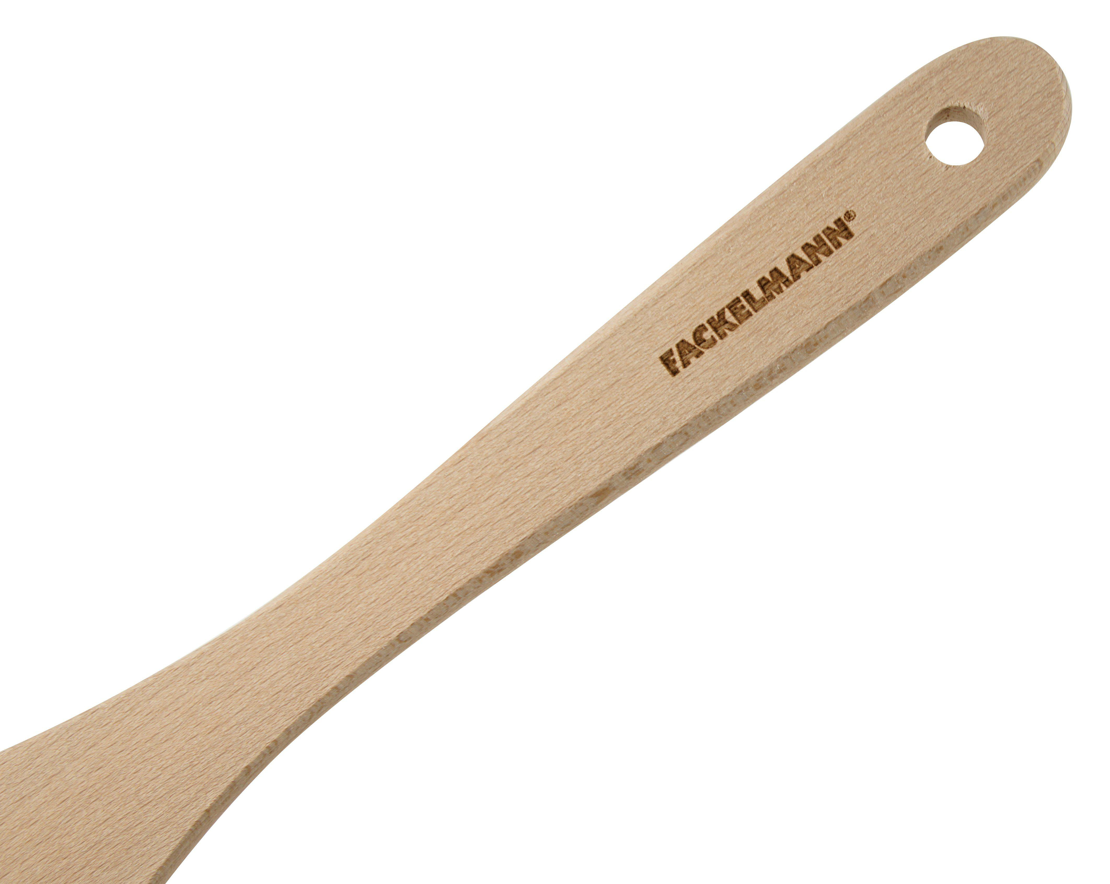 Holz-Fackelmann-Pfannenwender. Der Griff hat den Markennamen und ein Loch.