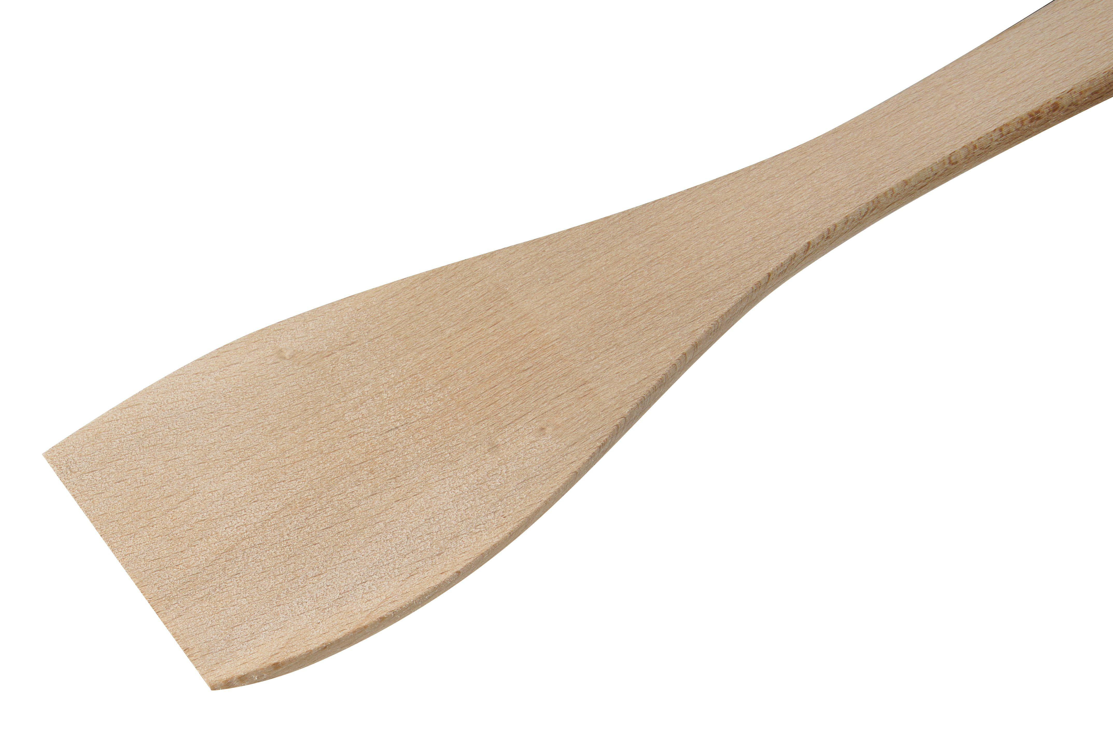 Ein Holzspatel auf weißem Hintergrund, von oben rechts geneigt.
