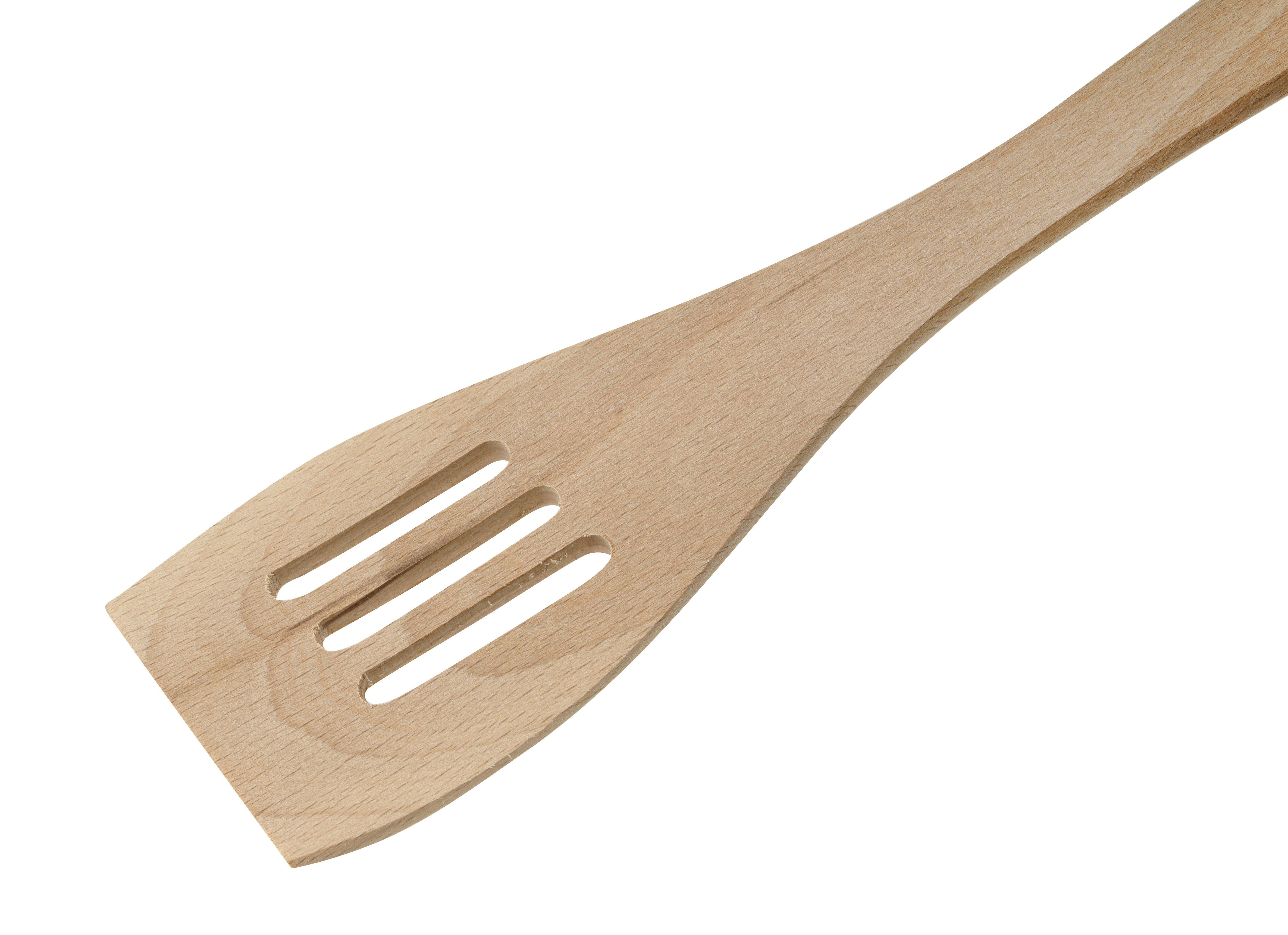 Ein Holzspatel mit drei Schlitzen zum Kochen, isoliert auf Weiß, zeigt Griff und Kopf.