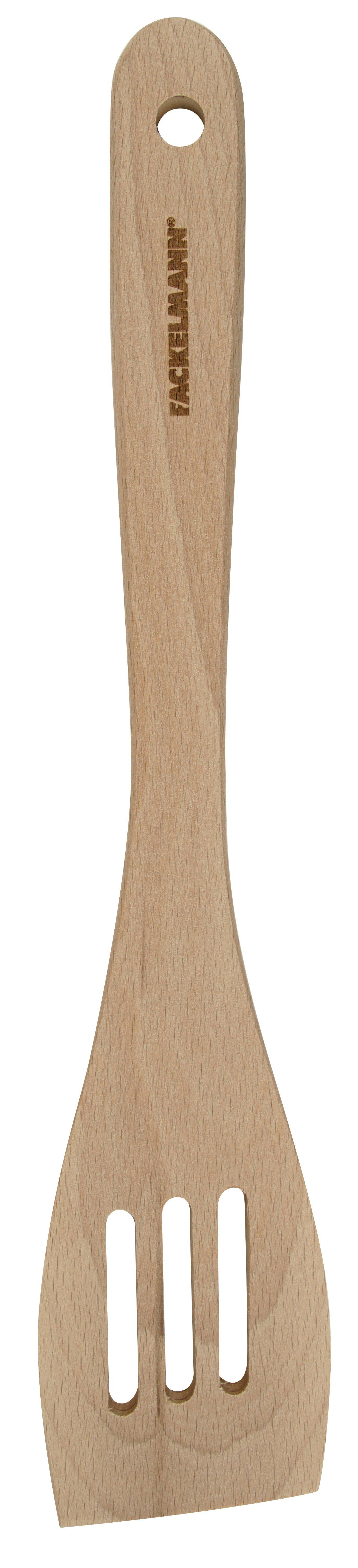 Holzspatel mit drei Schlitzen und einem Loch im Griff.
