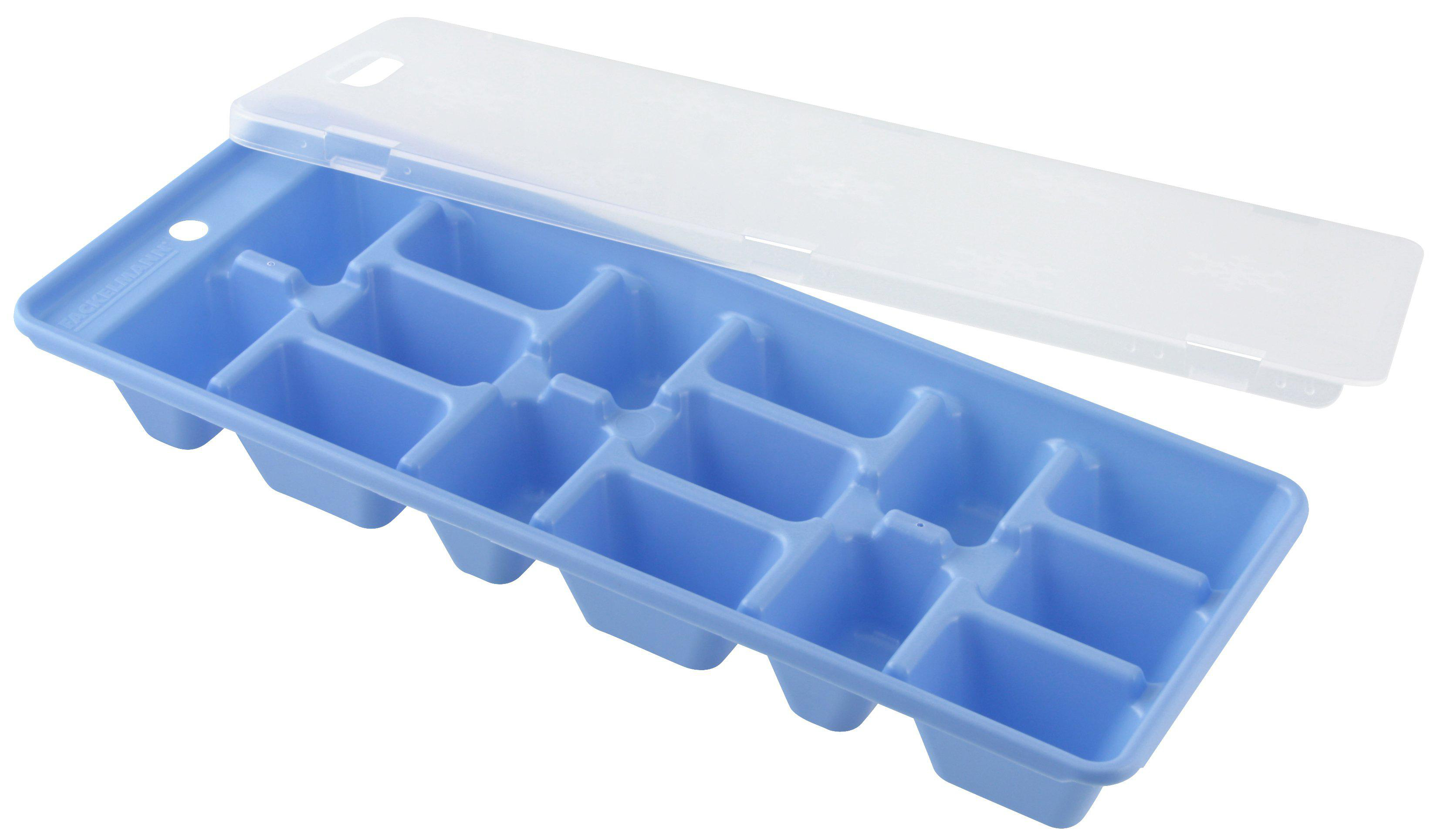 Blaue Eiswürfelschale mit durchsichtigem Deckel, auf weißer Oberfläche gezeigt.