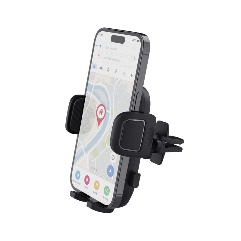 Egy fekete telefontartó, egy térképet mutató telefonnal, egy autó szellőzőnyílásához rögzítve.