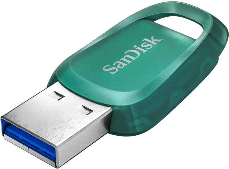 Une clé USB verte et transparente avec le logo SanDisk. Elle possède un connecteur USB bleu.