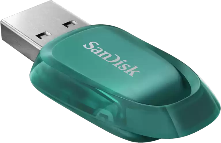 Une clé USB verte avec le logo SanDisk sur fond noir.