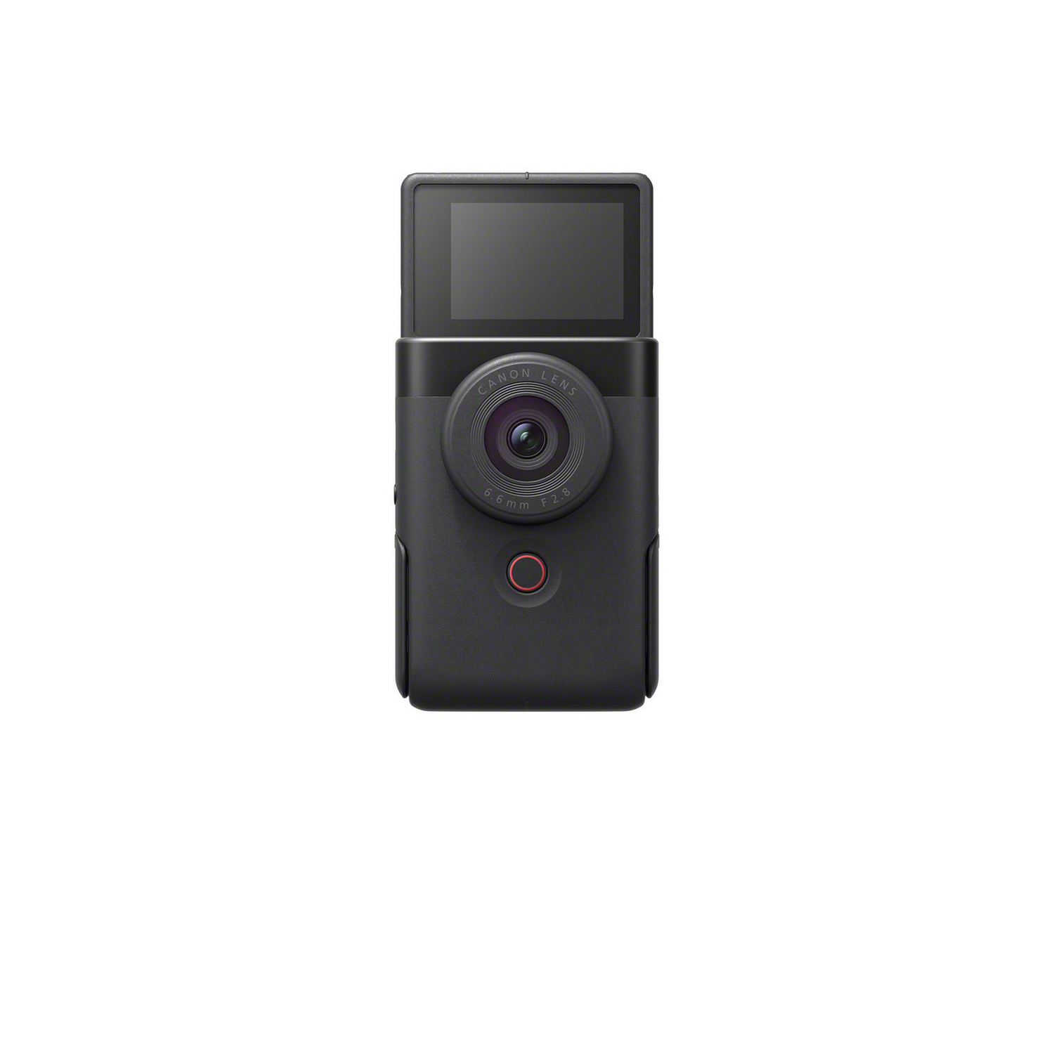 Black camera with a screen and a red button. Canon lens is visible.