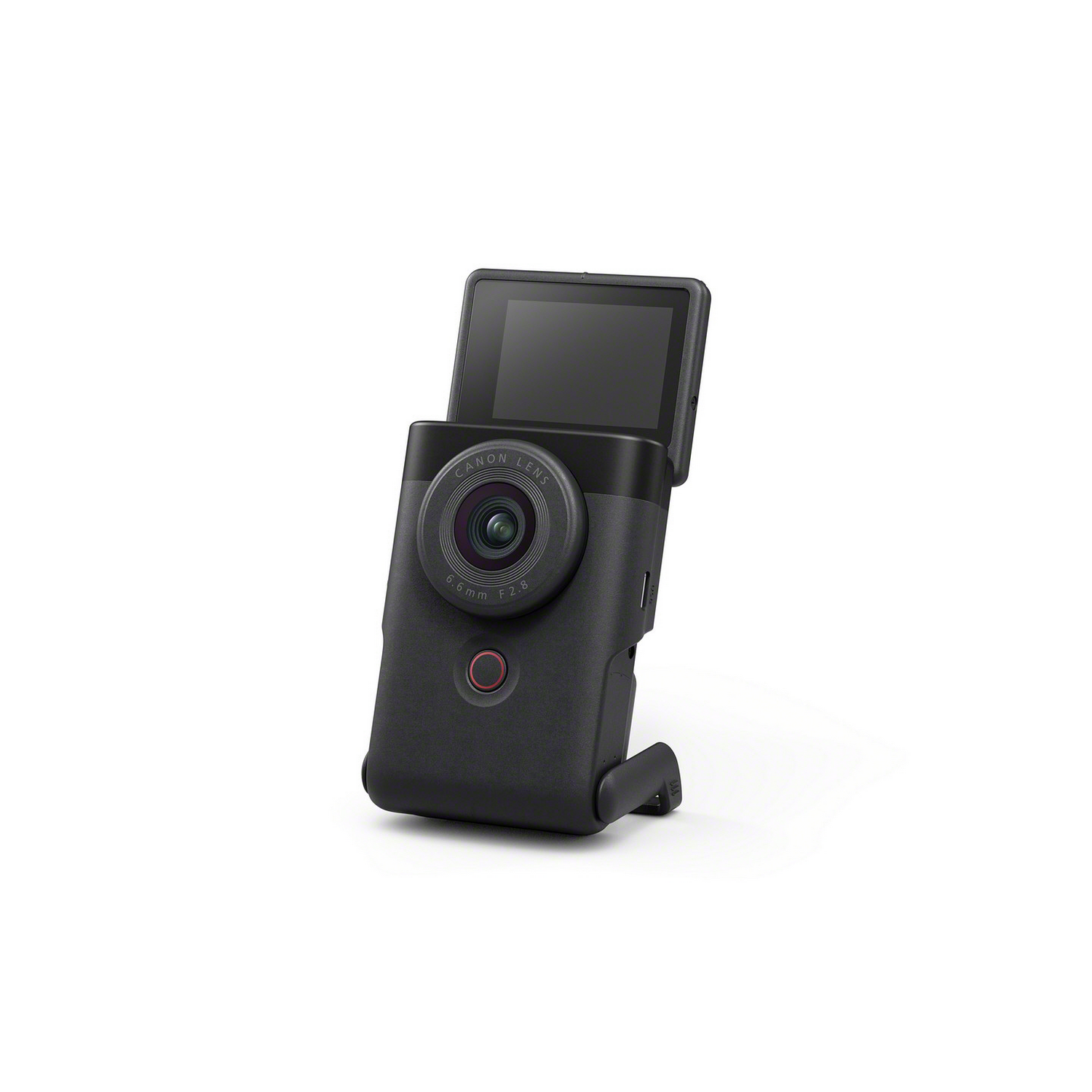 Black Canon camera with a flip-out screen. It's tilted towards the viewer, showing the lens and screen.