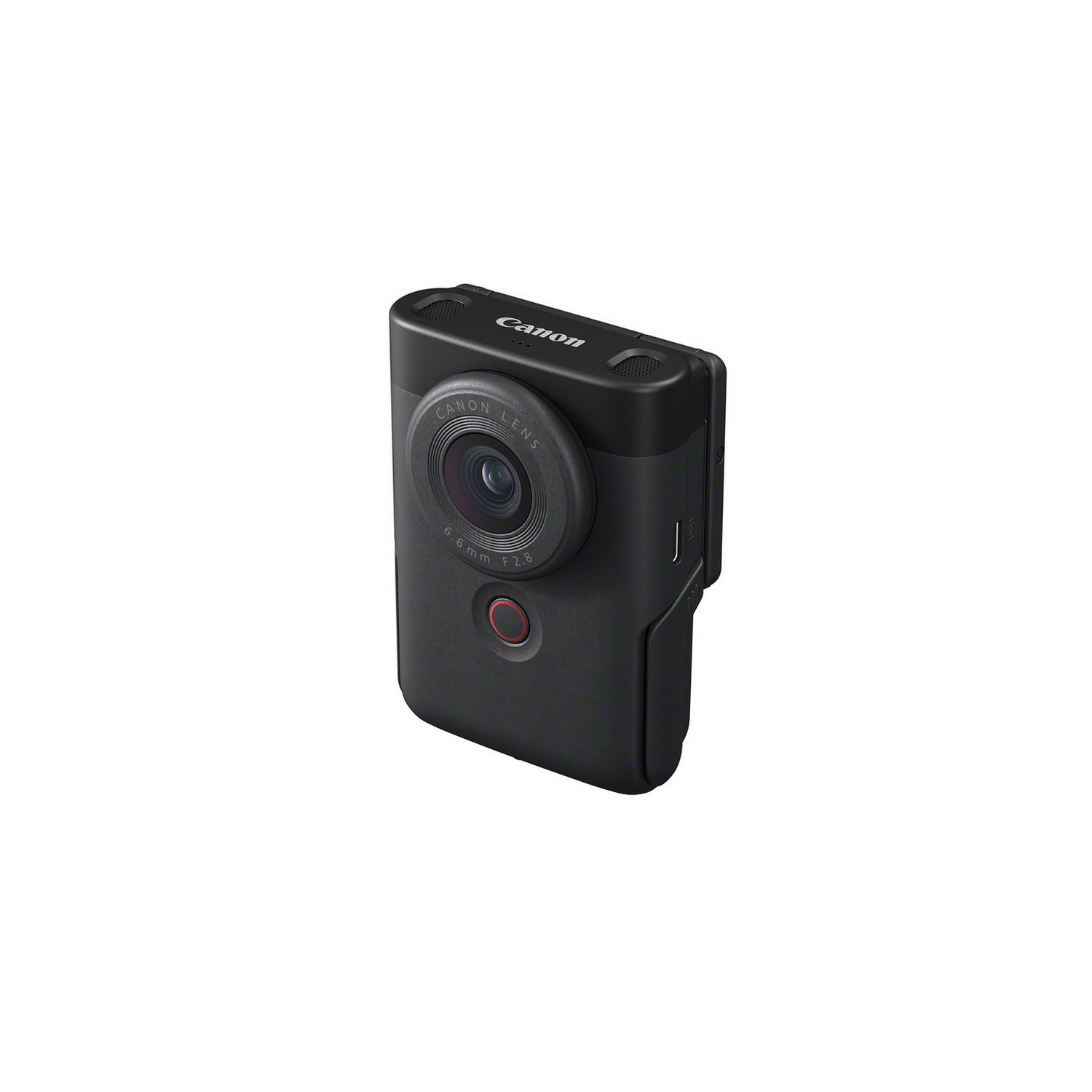 Black Canon camera with a lens and a red button. It has two small holes on top.