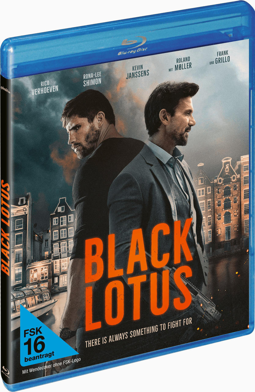 Blu-ray-Disc des Films Black Lotus. Zwei Männer auf dem Cover, einer mit Waffe, in Amsterdam.