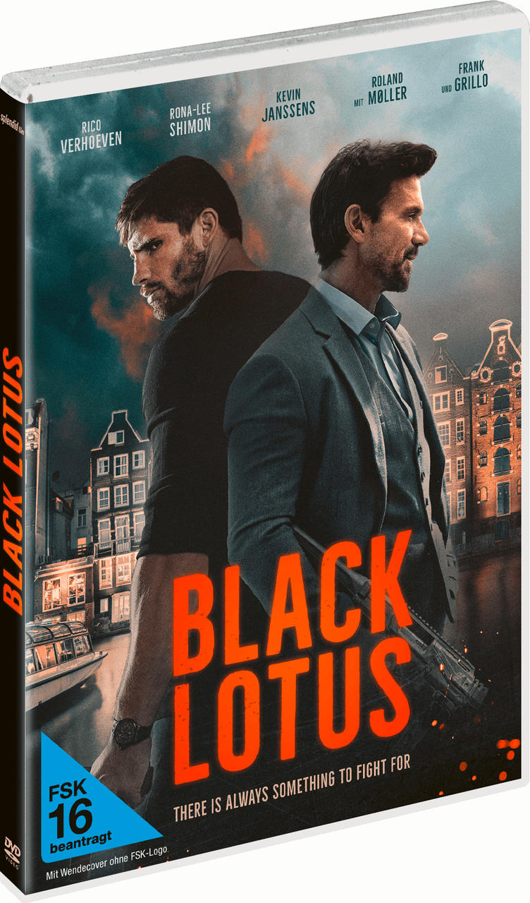 DVD-Hülle für den Film 'Black Lotus'. Zeigt zwei Männer und den Titel. Im Hintergrund ein Kanal.