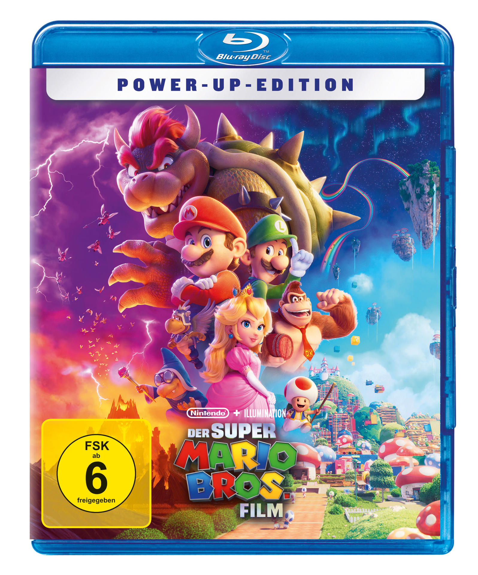 Blu-ray-Disc-Hülle für 'The Super Mario Bros. Movie'. Mit Mario, Luigi, Peach und Bowser. Blaues Gehäuse.