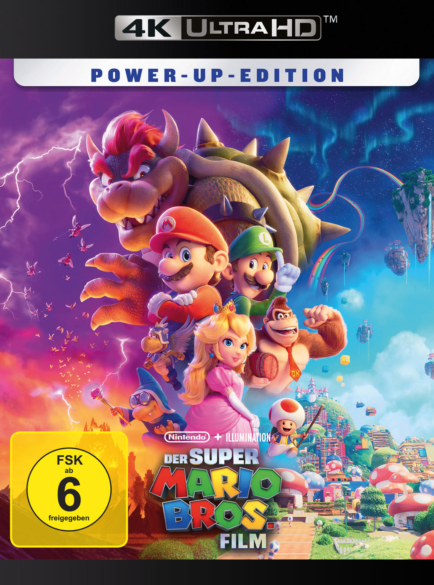 Super Mario Bros Filmplakat. Mario, Luigi, Peach und Donkey Kong in einer farbenfrohen Szene.
