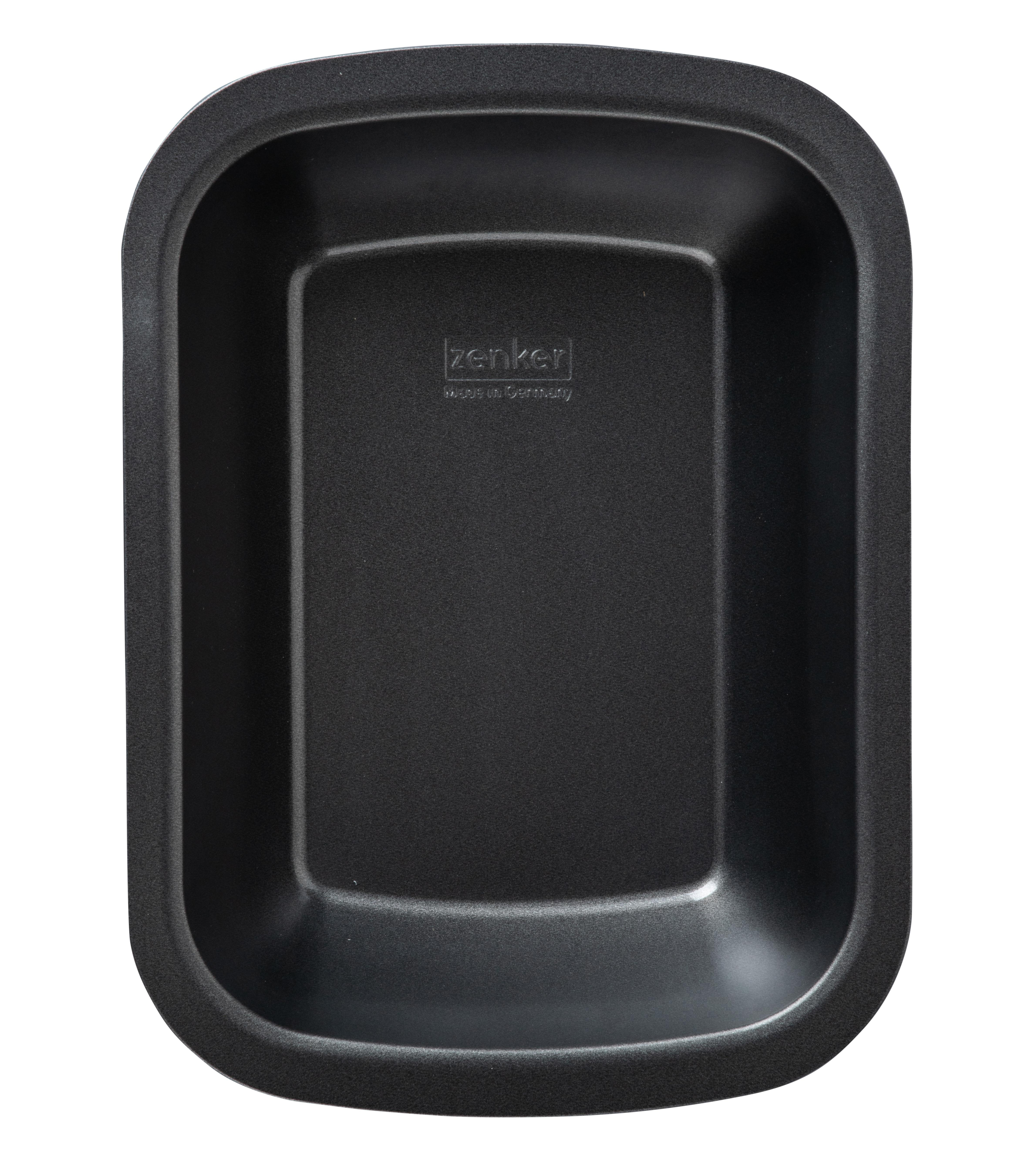 Eine schwarze rechteckige Backform mit dem Zenker-Logo.