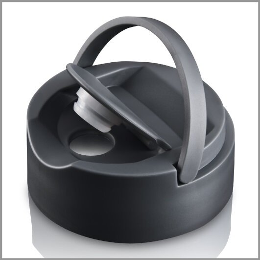 Ciemnoszara pokrywa z uchwytem i otwartą nakrętką na górze.