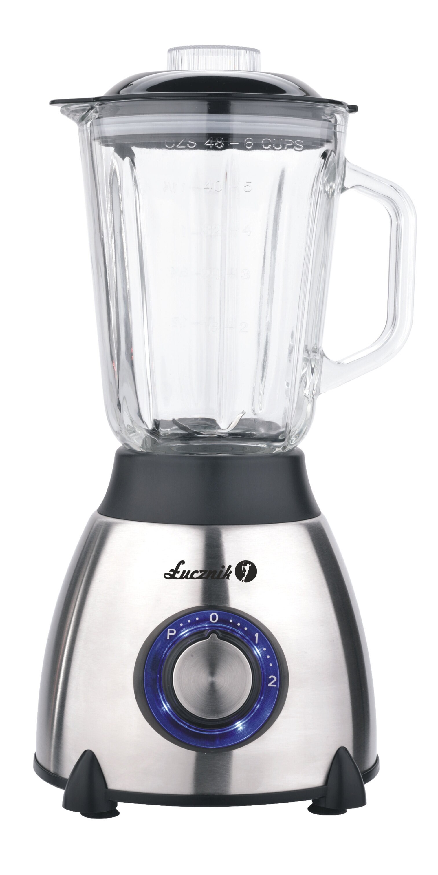 Srebrny i szklany blender z pokrętłem i uchwytem.