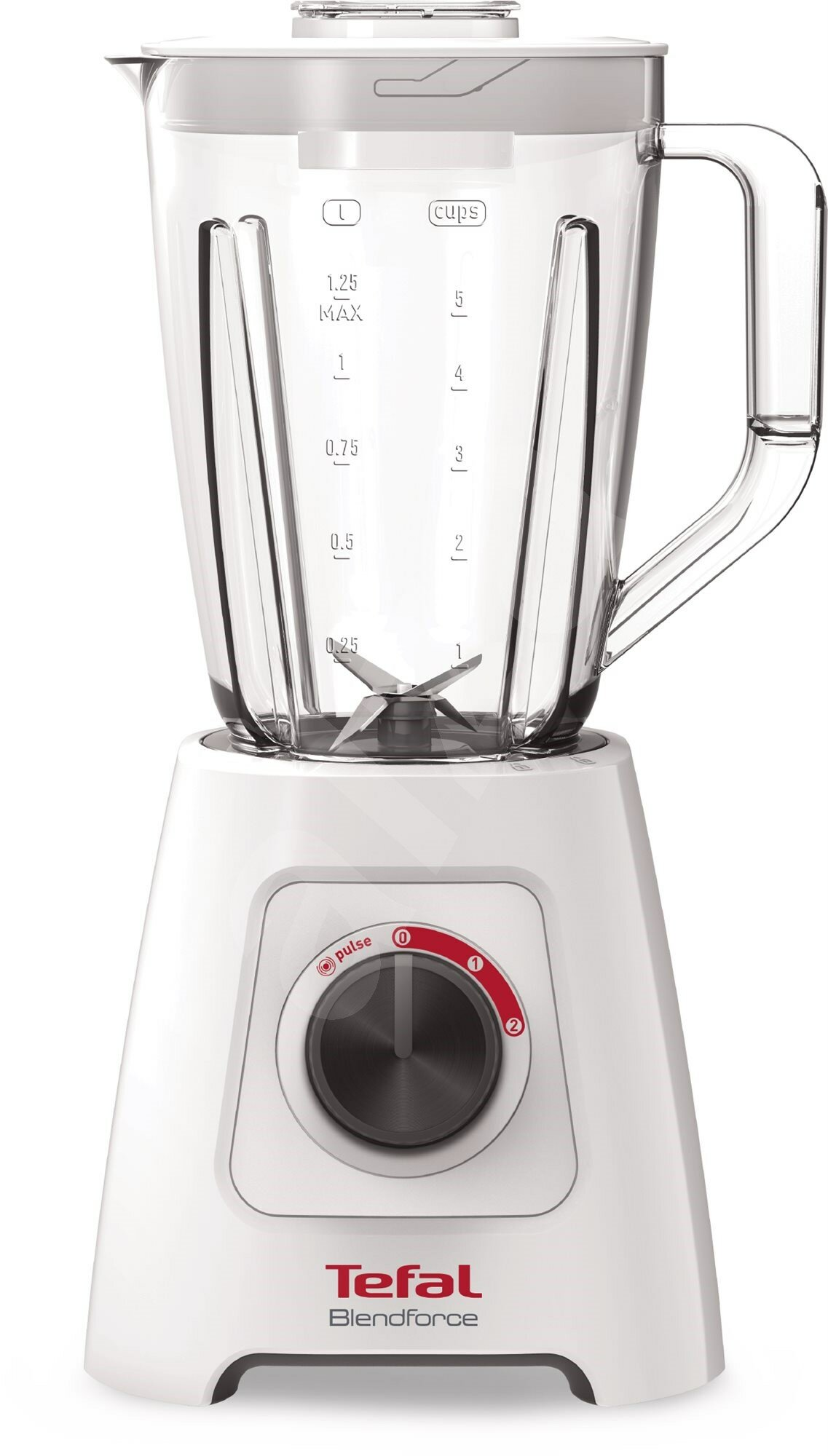 Biały blender Tefal z przezroczystym dzbankiem, czerwonym pokrętłem i słowem 'pulse'.