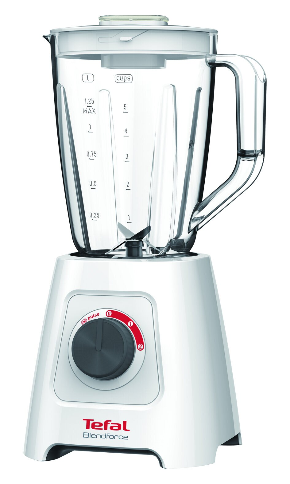Biały blender z przezroczystym pojemnikiem, czarnym pokrętłem i pokrywką. Marka to Tefal.