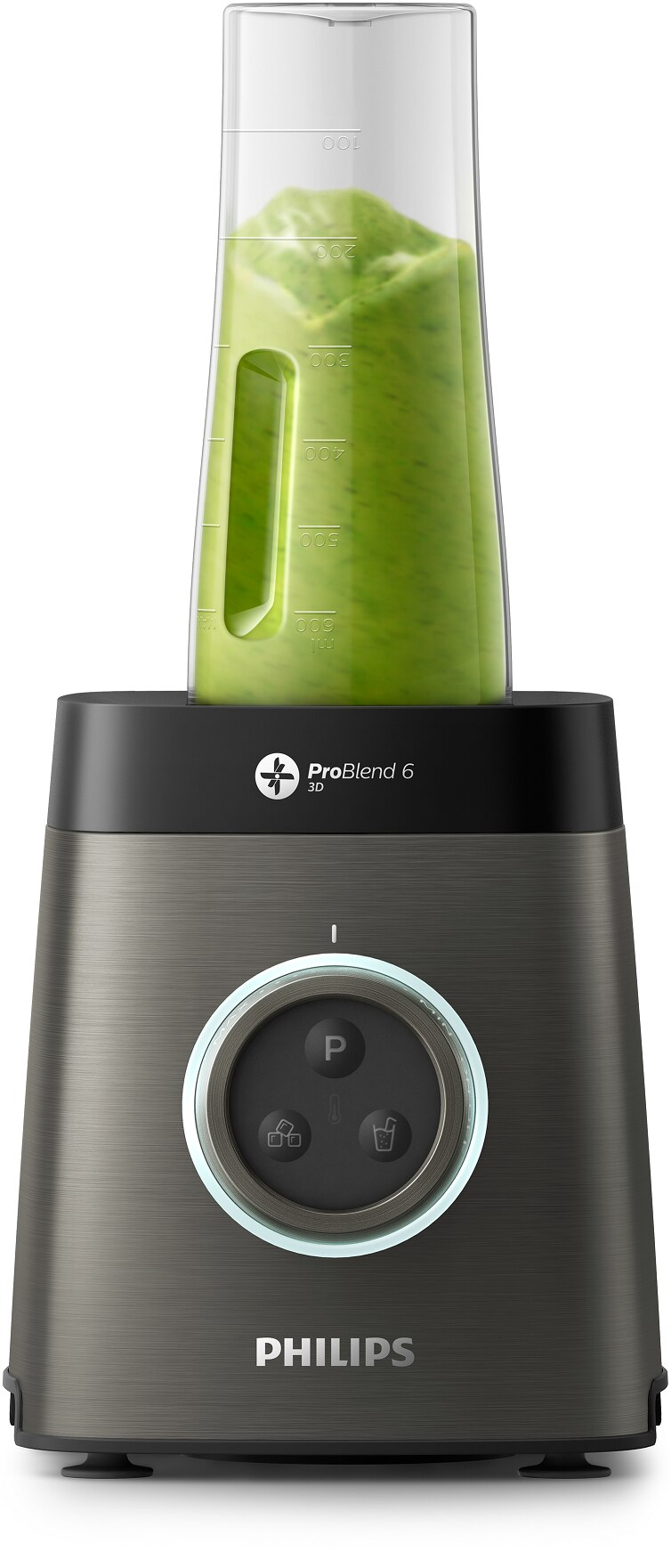 Blender Philips ProBlend 6 3D z zielonym koktajlem, białe tło.