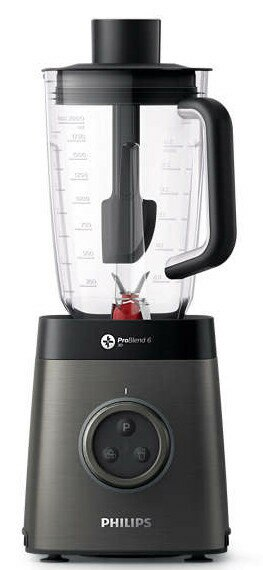 Blender Philips ze szklanym pojemnikiem i czarną podstawą, białe tło.