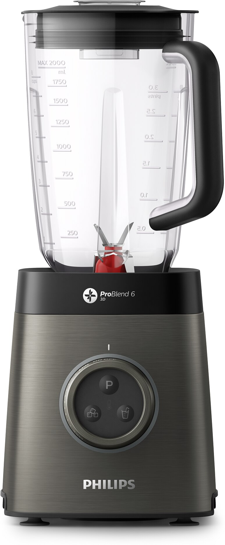 Blender z czarną podstawą i przezroczystym dzbankiem z czarnym uchwytem, widok z przodu.