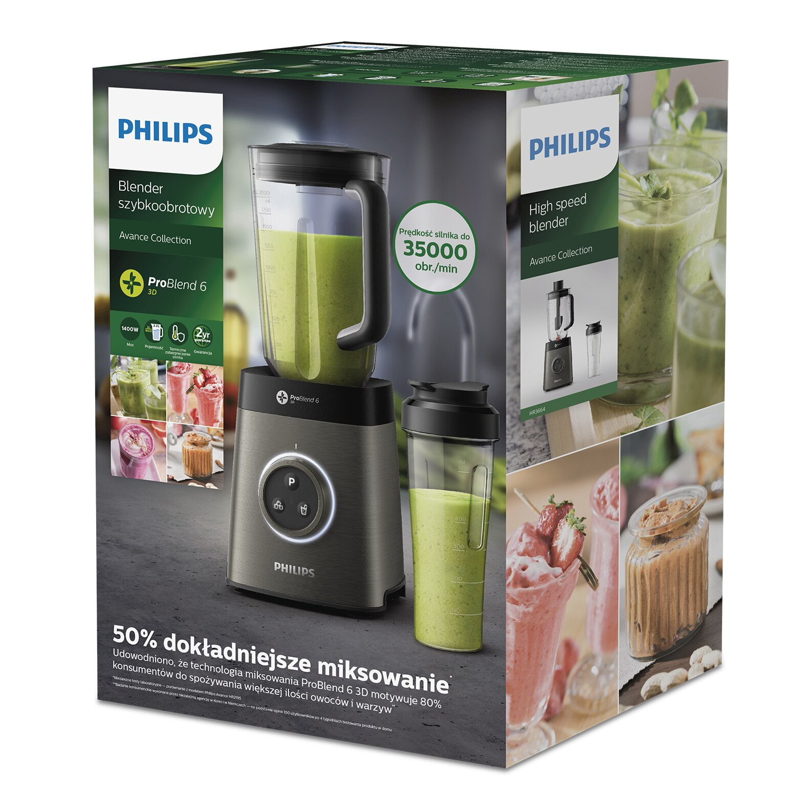 Pudełko blendera z blenderem i szklanką koktajlu. Pokazuje blender i koktajl.