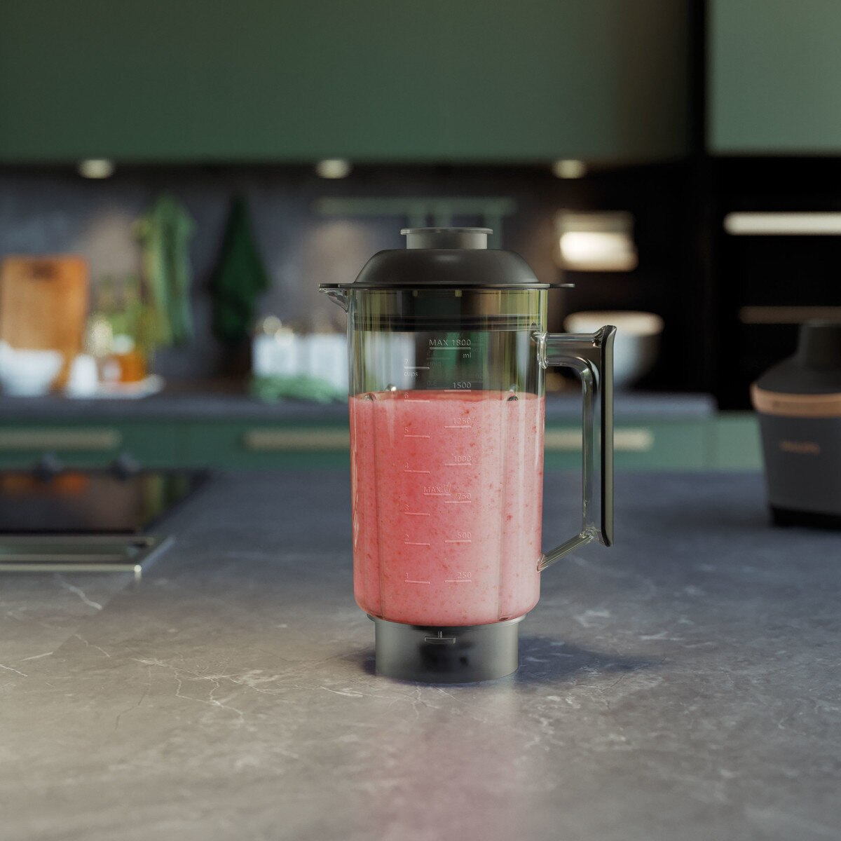 Blender z czerwoną cieczą w środku, ustawiony na blacie.