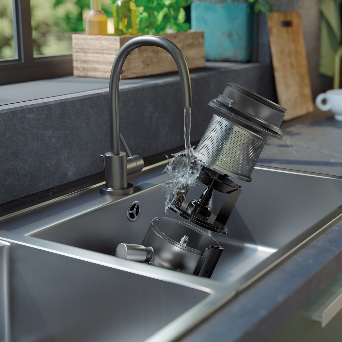 Zdemontowane urządzenie kuchenne pod kranem z wodą wlewaną do zlewu ze stali nierdzewnej.