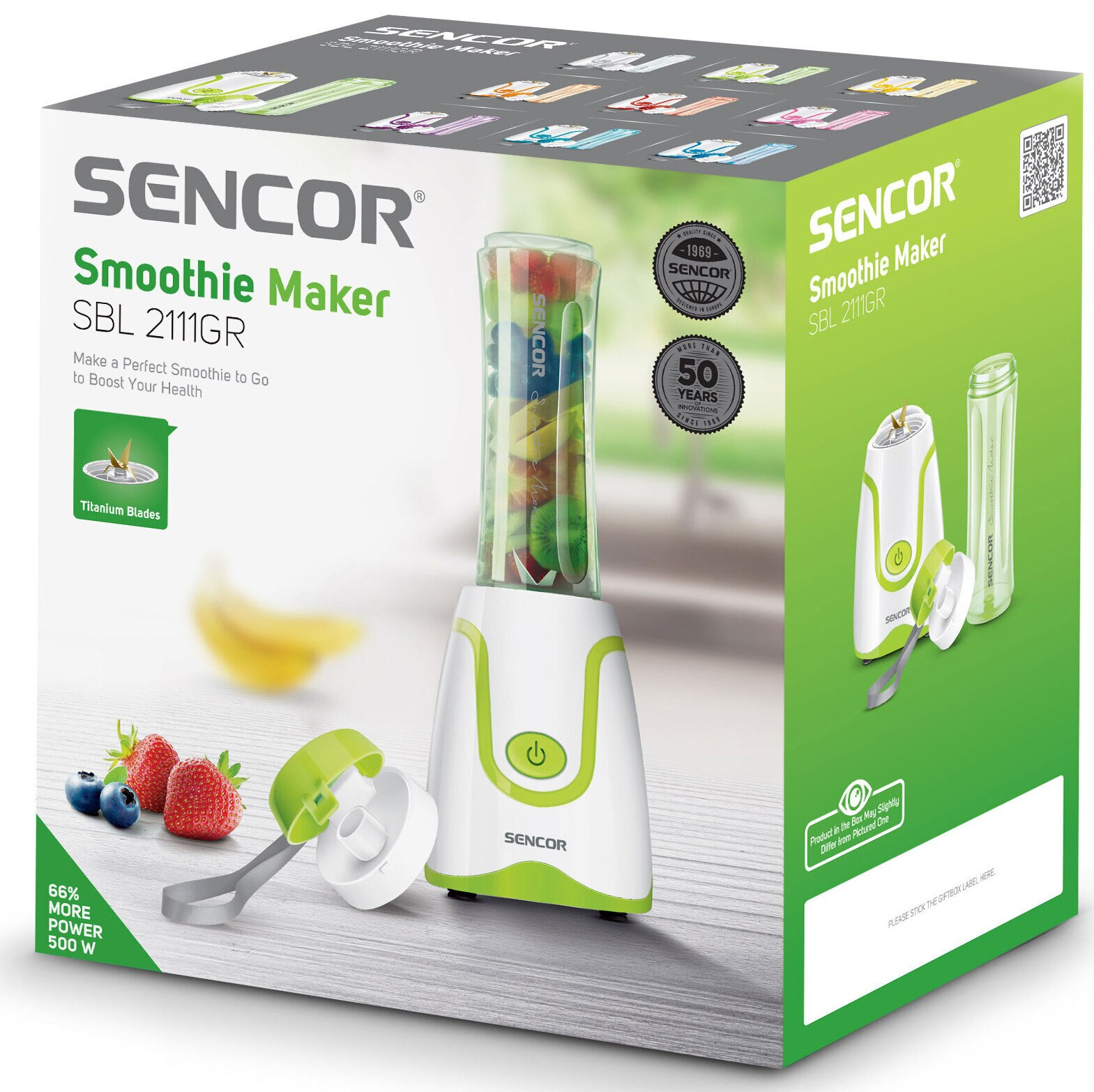 Zapakowany Sencor Smoothie Maker. Zawiera urządzenie, blender i akcesoria. Zielono-biały design.