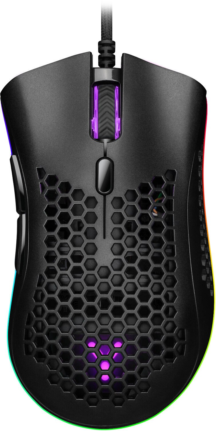 Czarna mysz do gier z konstrukcją plastra miodu. Ma kółko przewijania, przyciski i oświetlenie RGB po bokach. Widoczna jest nazwa marki.