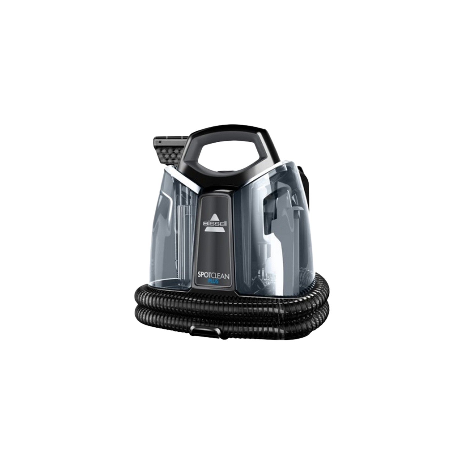 Bissell SpotClean Plus noir et transparent. Possède un tuyau et une poignée. Fond noir.
