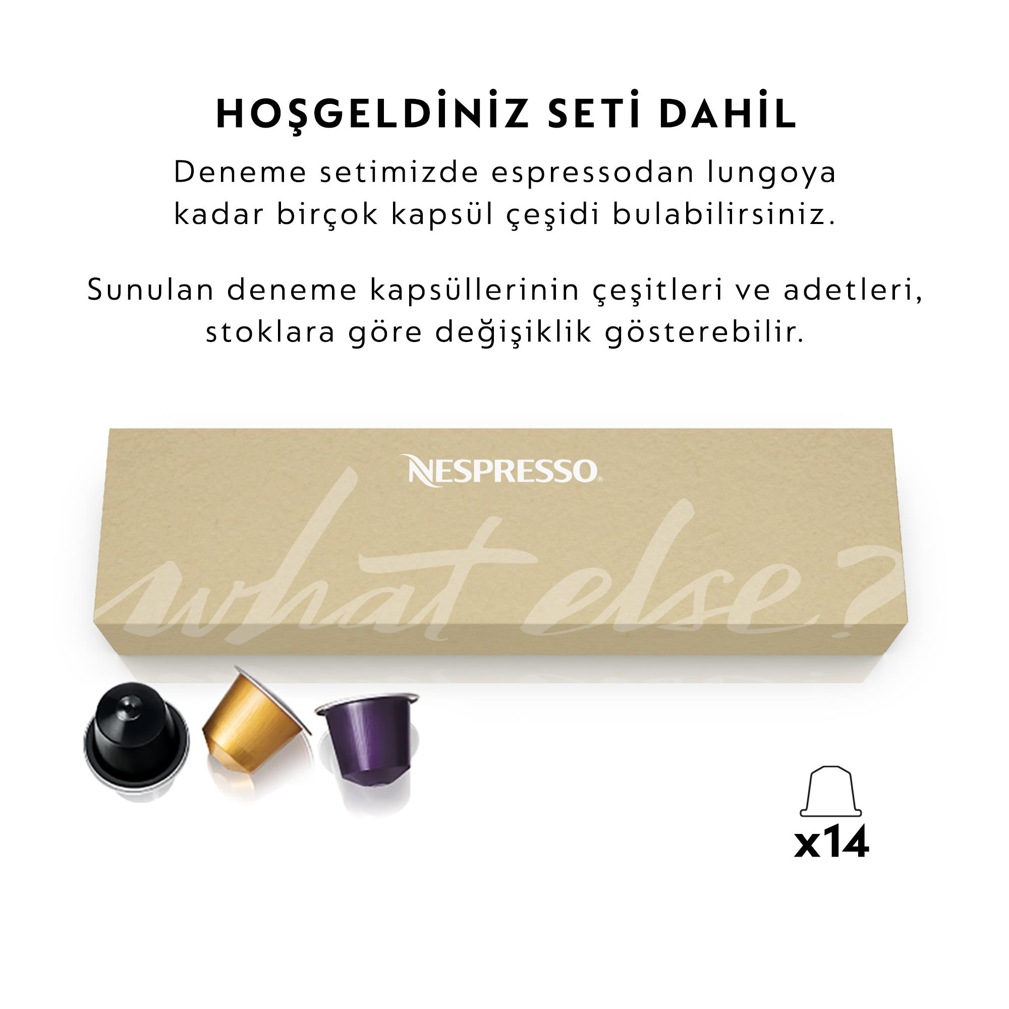 Görselde 3 kapsül ve metin içeren bir Nespresso kahve kapsül kutusu görülüyor. Kutu üzerinde 'what else?' x14 kapsül yazıyor.