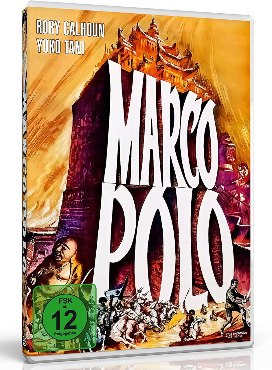 DVD-Hülle für den Film "Marco Polo". Sie zeigt eine Illustration einer Festung und Charaktere.