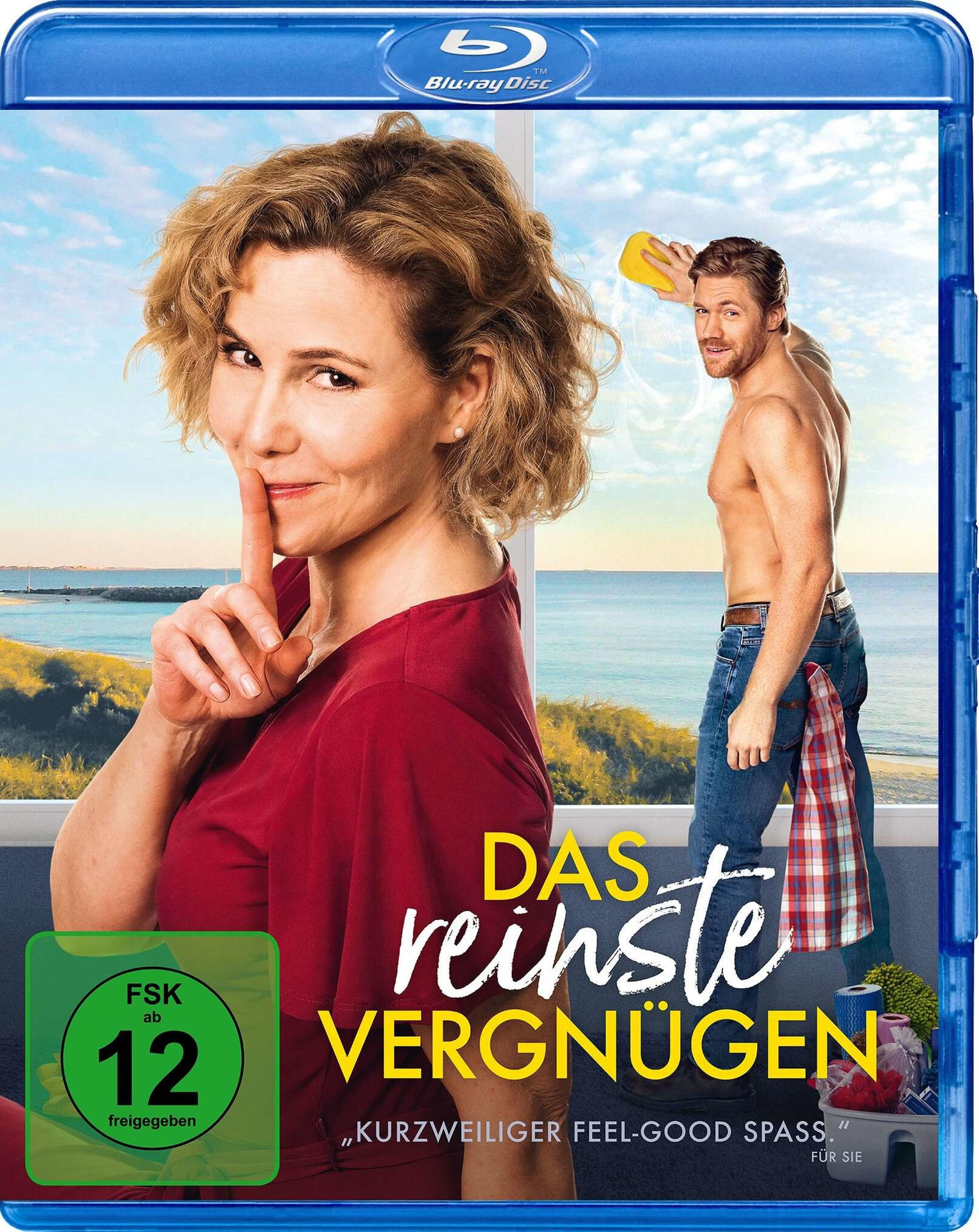 Frau zischt, Mann putzt Fenster, Text 'Das reinste Vergnügen' auf Blu-ray-Disc-Cover.