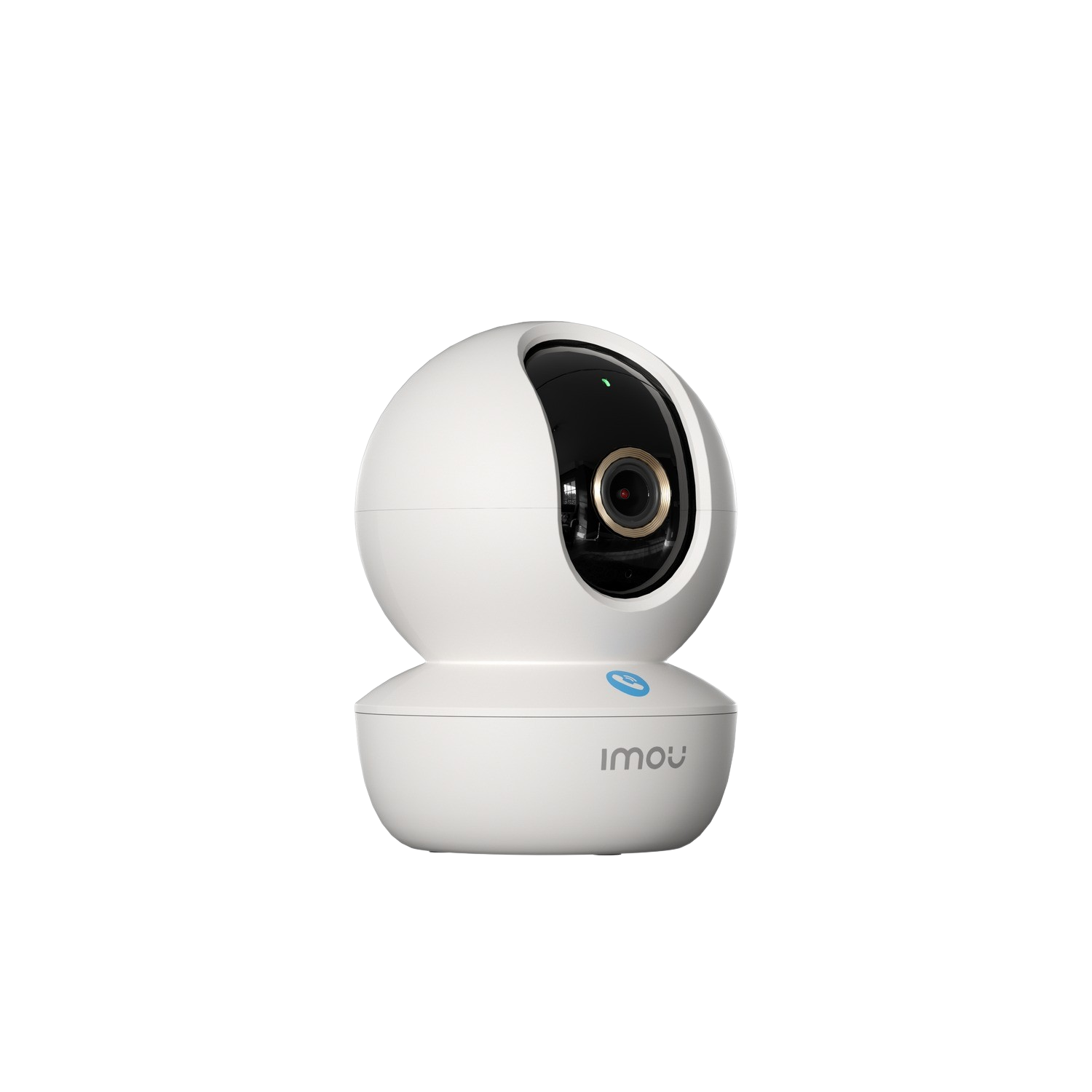 White, dome-shaped security camera with a black lens. The camera is on a black background.